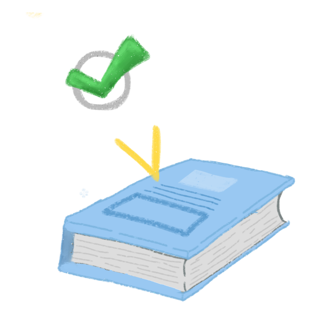 a blue book with a green checkmark symbol floating above it. The checkmark is enclosed in a gray circle and is inside a white thought bubble, and a yellow arrow points from the checkmark towards the book.